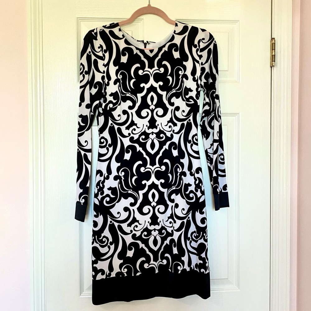 NWT Caché black and white patterned long sleeve midi dress